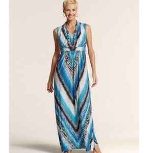 Chico's Blue and White Sleeveless Chevron Maxi Sundress
